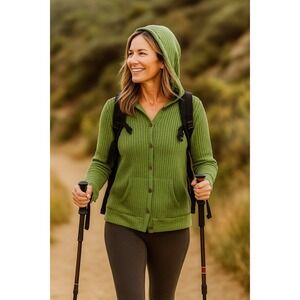 Boho Kelly Green Button Up Waffle Knit Hoodie‎ Cardigan Sweater Front Pockets M